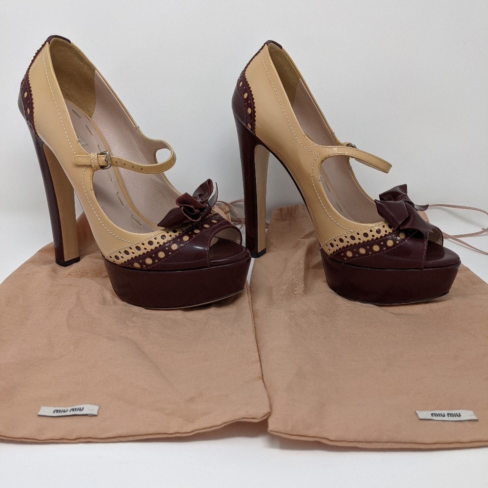 Miu Miu cream and burgundy Mary Jane heels